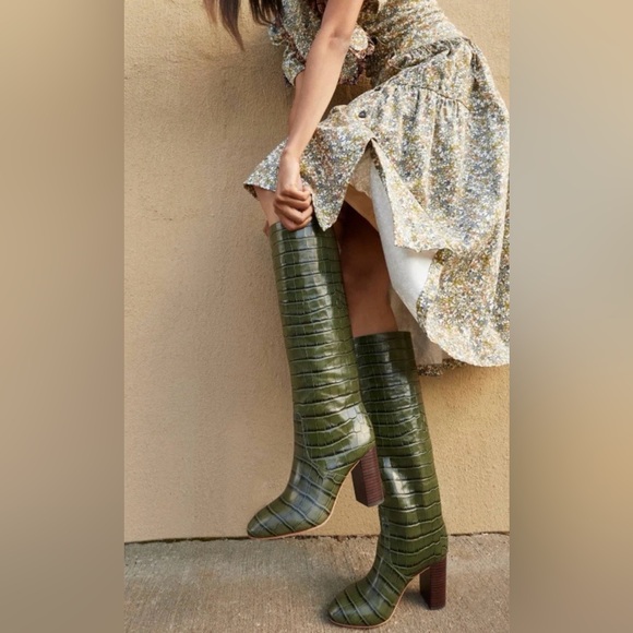 Loeffler Randall Tall Goldy Leather Croc Forest Green Heel Knee Boot Pull On 6 - Picture 4 of 14